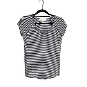 LOFT Petite Ribbed Short Sleeve Top Size SP Black White Stripe Scoop Neck Fitted